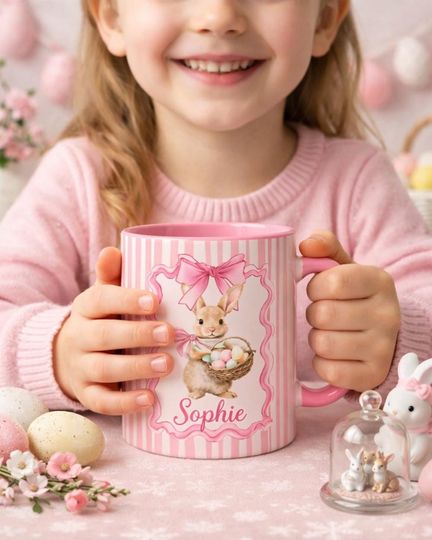 Discover Personalized Easter Bunny Mug, Custom Name Kids Cup, Colorful Handle Rabbit Mug