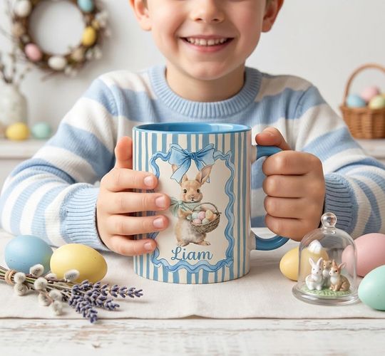 Discover Personalized Cute Easter Egg Bunny 11 oz Accent Mug, Custom Name Mug, Easter Party Gift for Kids