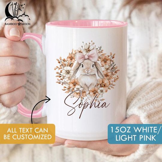 Discover Personalized Bunny Name Mug, Custom Floral Bunny Mug, Flower Custom Name Easter Day Mug, Cute Bunny Name Gift TH2570