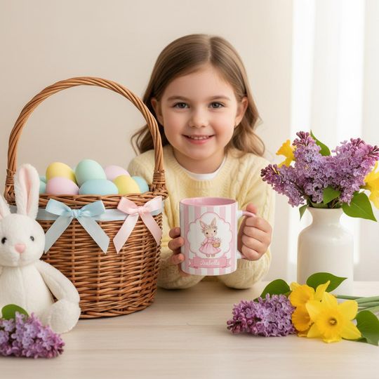 Discover Personalized Easter Bunny Mug Custom Name Kids Easter Gift Spring Mug Cute Animal Coffee Cup Baby Bunny Tea Mug Striped Design Present