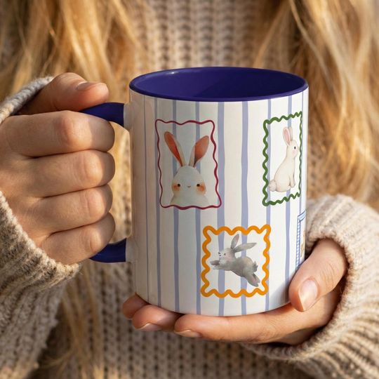 Discover Stripes Bunny Mug, Vintage Rabbit Coffee Cup, Easter Gift