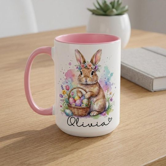 Discover Custom Easter Bunny Rabbit Floral Mug, Personalized Coffee Cup (11oz or 15oz)