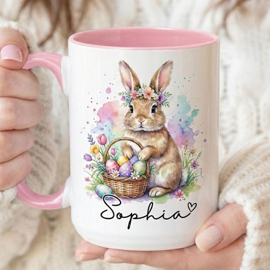 Discover Custom Easter Rabbit  Accent Mug, Bunny Egg Floral Coffee Cup, Hoppy Easter Day Gift, Personalized Mother's Day Gift Mug