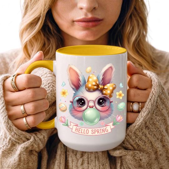 Discover Hello Spring Bunny Mug, Easter Coffee Cup, Kawaii Bunny Accent Ceramic (11oz 15oz)