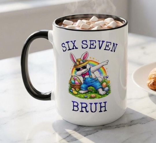 Discover Six Seven Easter Bruh Rabbit Mug Ceramic, Trending 6 7 Meme, Easter Eggs Coffee Cup, Cute Dabbing Easter Bunny Present, Happy Easter Gift