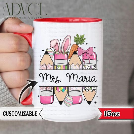 Discover Personalized Easter Teacher Mug, Custom Name Bunny Coffee Cup, Cute Spring Pencil Mug, Mrs Teacher Gift, Easter Classroom Gift PL0817
