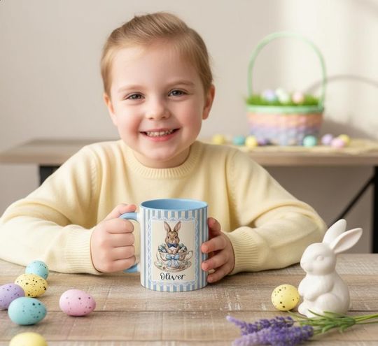 Discover Personalized Easter Bunny Mug, Custom Teacup Rabbit Coffee Cup, Cute Easter Baby Girl Gift, Striped Name Mug, New Mom Present