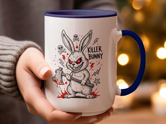 Discover Killer Bunny Mug Funny Rabbit Design, Axe Wielding Cartoon Bunny (Novelty Coffee Cup, Spooky Easter Gift, Dark Humor)