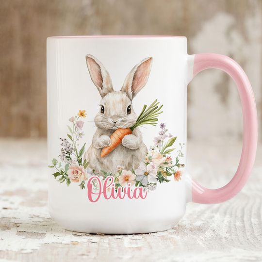 Discover Personalized Easter Bunny Mug, Custom Name Coffee Mug, Cute Bunny Floral Mug, Easter Gift For Kids Girl Boy, Spring Gift Cup