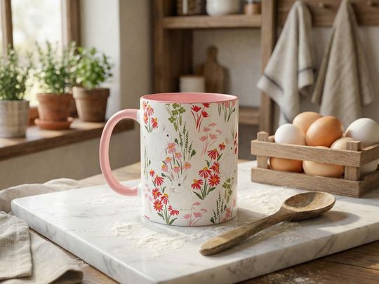 Discover Easter Bunny Wildflower Mug 11oz Pink Accent Handle 15oz Floral Coffee Cup Spring Kitchen Decor Hostess Present Grandma Tea Time Mom Gift