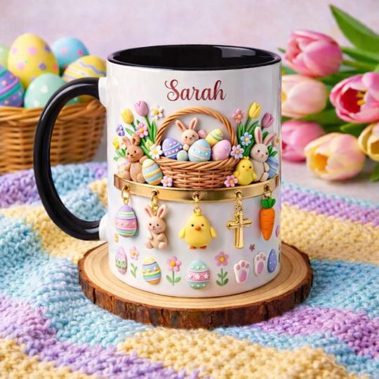 Discover Personalized Easter Bunny Mug with Name, Custom Spring Basket Illustration Cup, Cute Pastel Rabbit & Chick Design, Christian Easter Gift