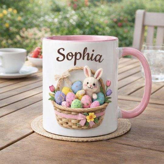 Discover Personalized Easter Bunny Mug with Name mug , Cute Bunny Egg Basket Ceramic Coffee Cup, Spring Easter Gift for Kids & Family