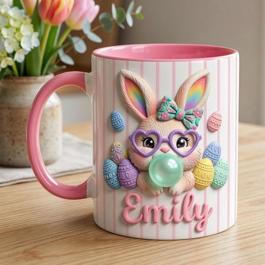 Discover Personalized Bunny Easter Mug, Custom Name Easter Eggs Coffee Mugs, Cute Rabbit Easter Day Cup