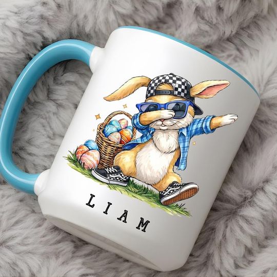 Discover Personalized Dabbing Easter Bunny Mug, Custom Name Coffee Cup, Toddler Easter Basket Stuffer, Cool Rabbit Tea Mug
