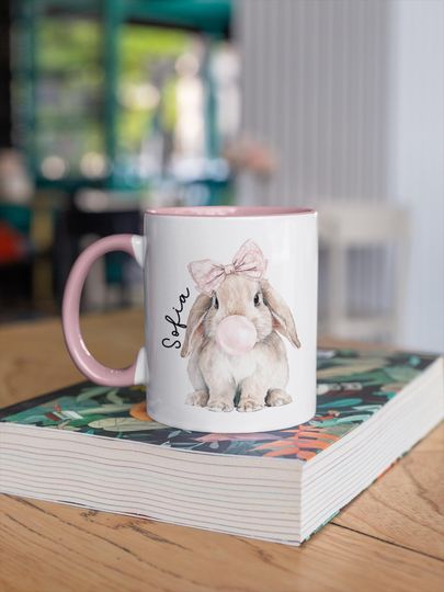 Discover Personalized Bunny Mug with Name, Cute Girl Easter Cup, Coquette Rabbit Coffee Mug, Custom Pink Bow Bunny Gift, Cute Pink Bow Rabbit
