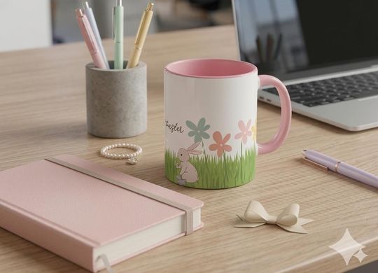 Discover Happy Easter Bunny Accent Mug | Pastel Flowers, Grass, Easter Egg