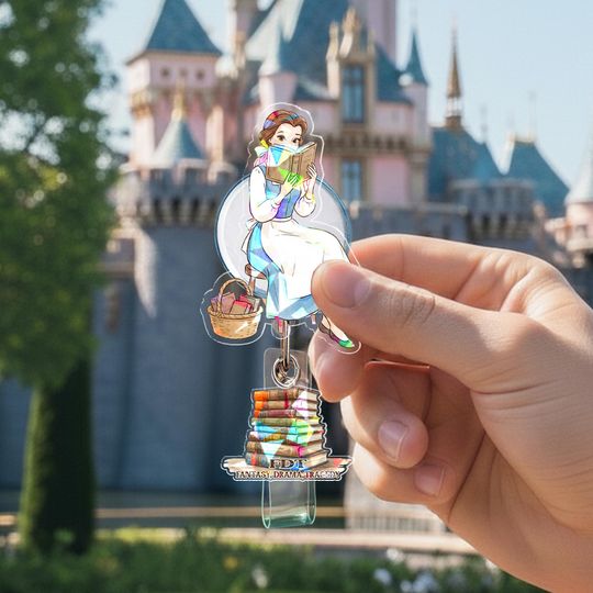 Discover Belle Book Lover Princess Badge Reel, Belle Inspired Reading ID Holder, Teacher Librarian Retractable Clip, Reading Girl Badge SL3N30