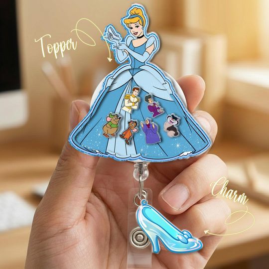 Discover Cinde Princess Shaker Badge Reel, Glass Slipper Inspired Badge Holder, Nurse ID Reel, Cute Blue Badge Reel, Gift for Her NGY404
