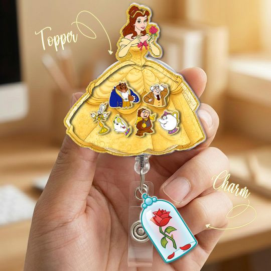 Discover Beauty and the Beast Shaker Badge Reel, Belle and Beast ID Holder, Cute Disney Princess Badge Clip, Fairytale Book Lovers Badge Reel NGY405