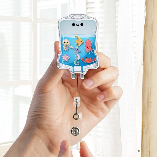 Discover Ocean IV Bag Shaker Badge Reel | Cute Sea Animal Badge Reel | Nurse Badge Holder | Medical Shaker Badge Reel | RN Gift
