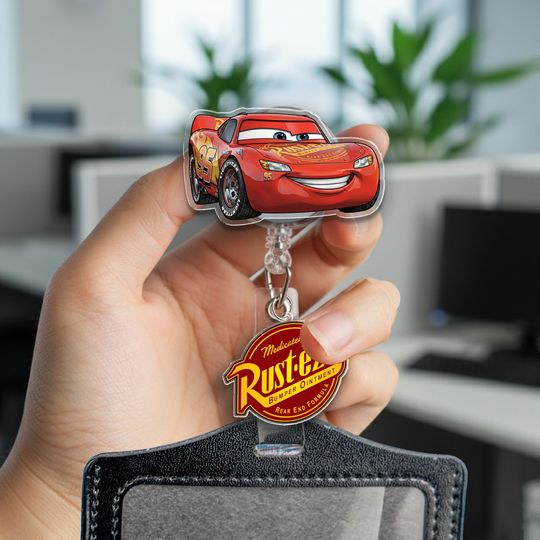 Discover Lightning McQueen Badge Reel, Disney Cars Retractable ID Holder, Race Car Name Badge for Nurse Teacher, Pixar Work Accessory Gift OHZ525