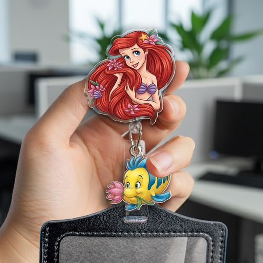 Discover Little Mermaid Flounder Badge Reel, Ariel Disney Princess Retractable ID Holder, Name Badge for Nurse Teacher, Cute Work Gift OIOZ13