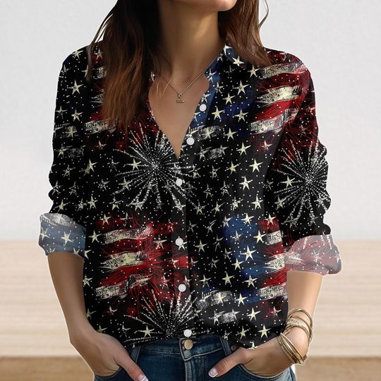 Discover Women's 4th Of July USA Flag Firework Look Blouse, Patriotic Summer Top, Vintage Independence Day Shirt