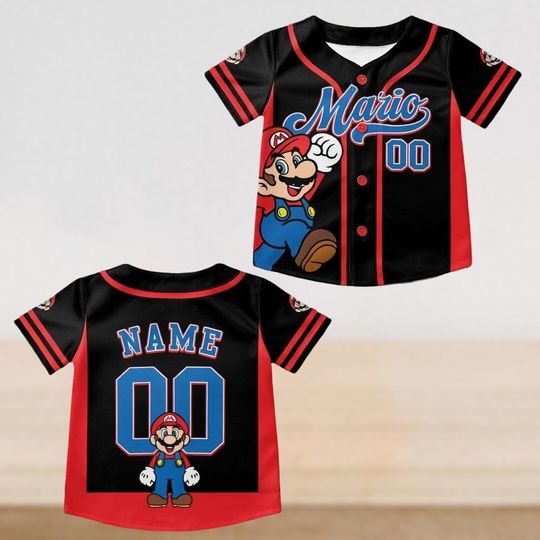 Custom Super Mario Baseball Jersey with Mario, Luigi, Yoshi, Toad, Bowser, Princess Peach, and Donkey Kong design