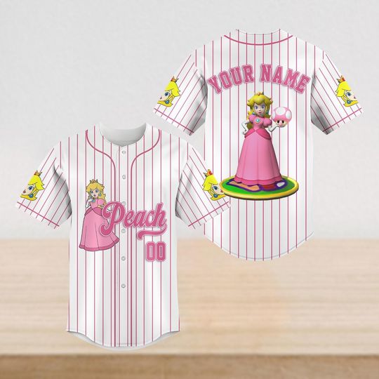 Custom Princess Peach Baseball Jersey, Nintendo Mario Bros Gaming Shirt, Mario and Friends Birthday Tee