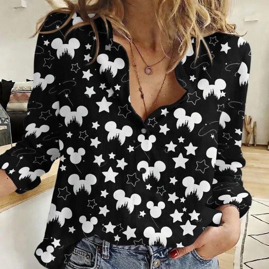 Discover Mickey Mouse Linen-Look Shirt, Disney Mouse Blouse Women Shirt, Cartoon Casual Shirt, Mickey Summer Shirt, Magic Kingdom Shirt