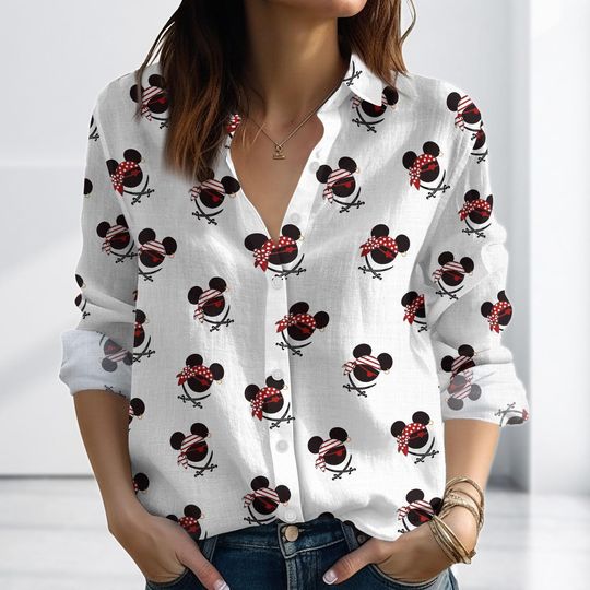 Discover Pirate Mickey Blouse Women Shirt, Disney Inspired Linen Look Shirt, Pirate Mouse Summer Shirt, Disneyland Blouse Women Shirt