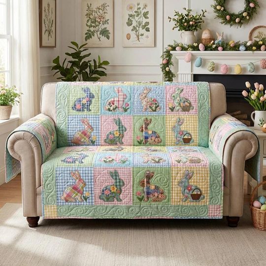 Easter Bunny Patchwork Sofa Cover, Spring Rabbit Couch Protector, Pastel Cottagecore Furniture Cover