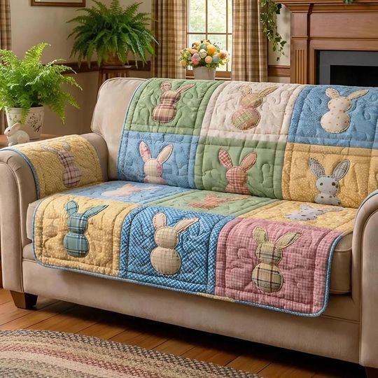 Easter Bunny Patchwork Sofa Cover, Pastel Rabbit Couch Protector, Spring Cottagecore Furniture Cover
