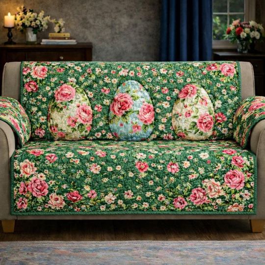 Easter Floral Quilted Sofa Cover, Rose Garden Egg Couch Protector, Spring Cottage Patchwork Living Room Decor