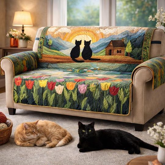 Cat Quilted Sofa Cover, Cottagecore Sunset Scene, Cat Lover Gift
