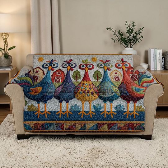 Colorful Hen Party Quilt Sofa Cover, Whimsical Farmhouse Couch Throw, Luxury Bird Furniture Protector, Custom Quilted Chicken Sofa Decor