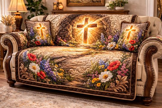 [Pillow No Include] Glowing Cross Quilted Sofa Cover, Christian Couch Protector, Resurrection Floral Throw, Religious Home Decor, Inspirational Sofa Cover