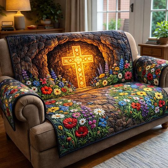 Christian Cross Quilted Sofa Cover, Religious Couch Cover, Faith Living Room Decor, Floral Cross Sofa Protector, Printed Quilted Throw