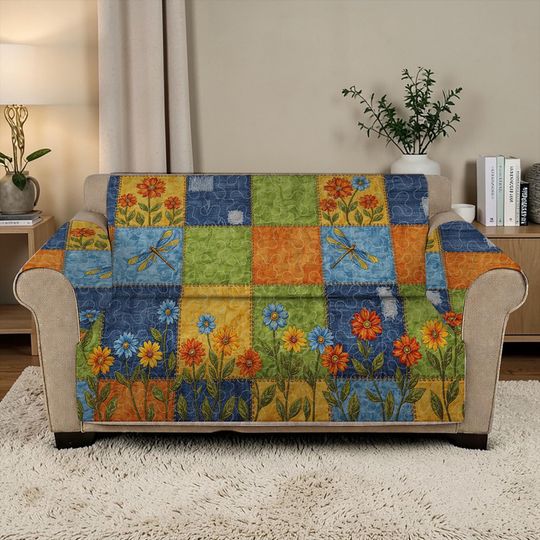 Vibrant Patchwork Floral Quilt Sofa Cover, Colorful Checkered Furniture Protector,Boho Dragonfly Couch Throw,Luxury Bright Home Living Decor