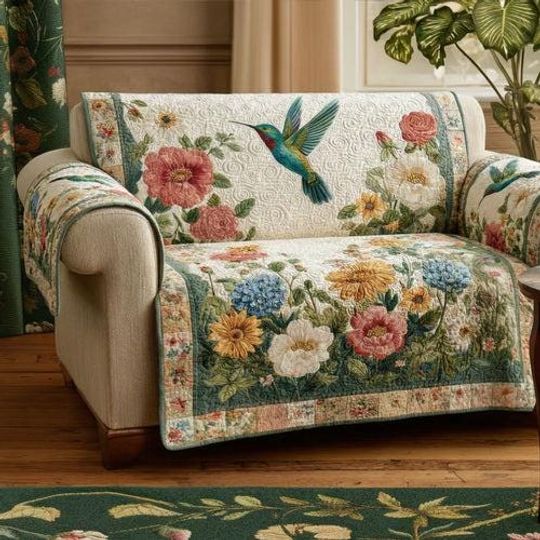 Hummingbird Floral Sofa Cover Garden Couch Protector, Cottagecore Quilt Sofa Throw, Vintage Flower Living Room Decor