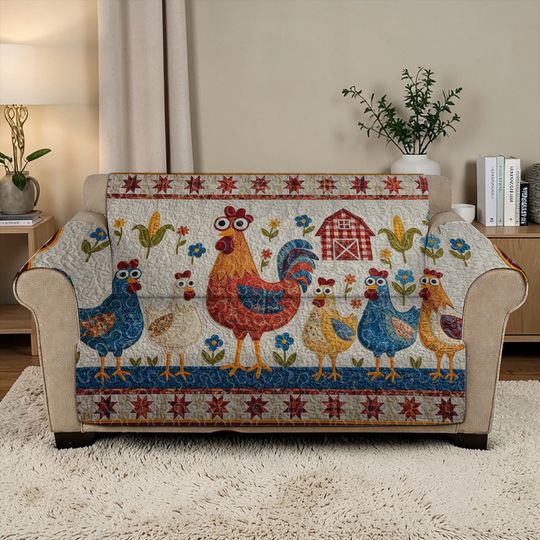 Rooster Family Quilt Sofa Cover, Colorful Farmhouse Chicken Couch Throw, Rustic Sofa Seat Cover Furniture Protector