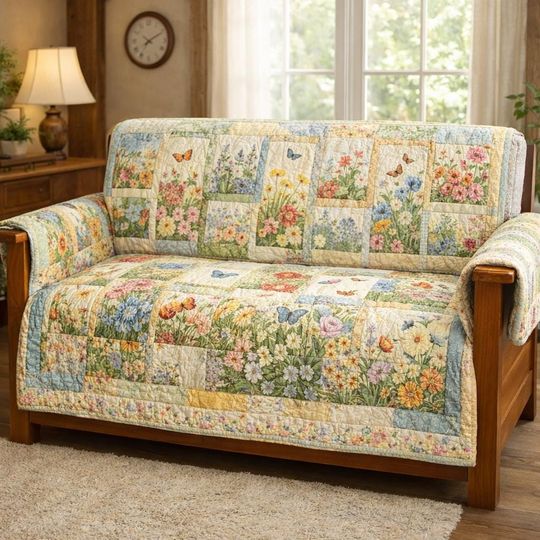 Quilted Floral Sofa Cover, Vibrant Garden Patchwork with Butterflies, Cozy Couch Protector, Soft and Durable, Machine Washable, Living Room