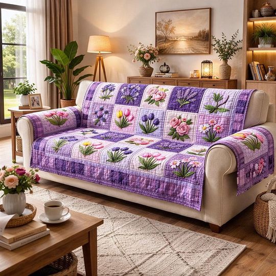 Lavender Floral Sofa Cover Print On Demand, Cottagecore Couch Protector, Purple Flower Quilt Throw, Spring Garden Farmhouse Decor