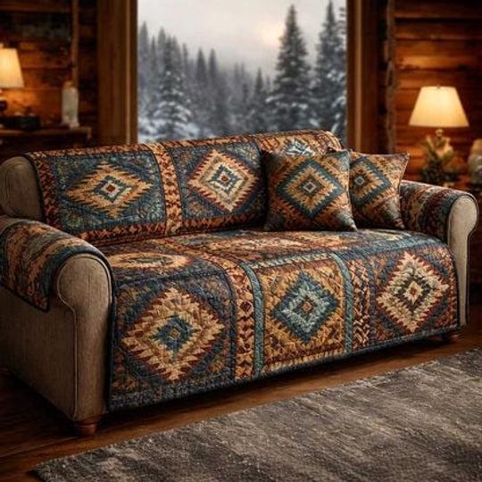 [Pillow No Include]Southwestern Sofa Cover Print On Demand, Rustic Cabin Couch Protector, Navajo Inspired Quilt Sofa Throw, Lodge Farmhouse Decor