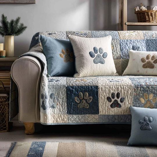 [Pillow No Include]Dog Couch Protector Sofa Cover Print On Demand, Minimal Paw Print Quilted Sofa Throw, Pet Friendly Farmhouse Slipcover