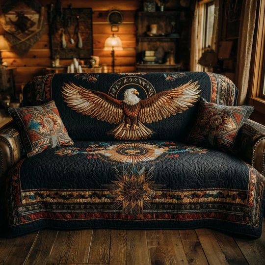 [Pillow No Include] Soaring Eagle Quilted Sofa Cover, Rustic Western Couch Protector, Lodge Cabin Living Room Decor