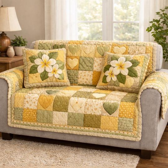 [Pillow No Include] Quilted Floral Sofa Cover, Yellow and Green Heart Patchwork with Plumeria Design, Cozy Couch Protector, Soft and Durable, Machine Washable