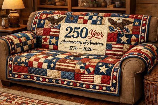 250th Anniversary of America Quilted Sofa Cover, Patriotic Couch Protector, Stars and Stripes Throw, USA 1776-2026 Celebration Decor