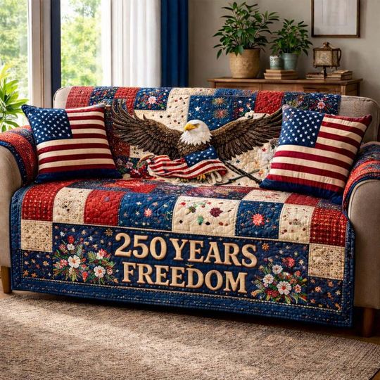 [Pillow No Include] 250 Years Freedom USA Sofa Cover, Patriotic Eagle Couch Protector, American Flag Quilt Sofa Throw, Independence Day Decor