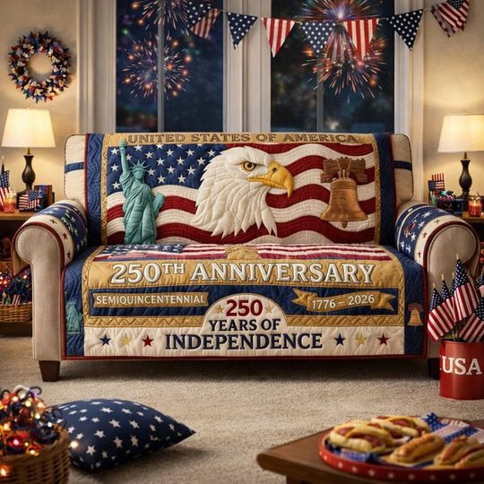 Discover 250th Anniversary Quilted Sofa Cover, USA Patriotic Decor